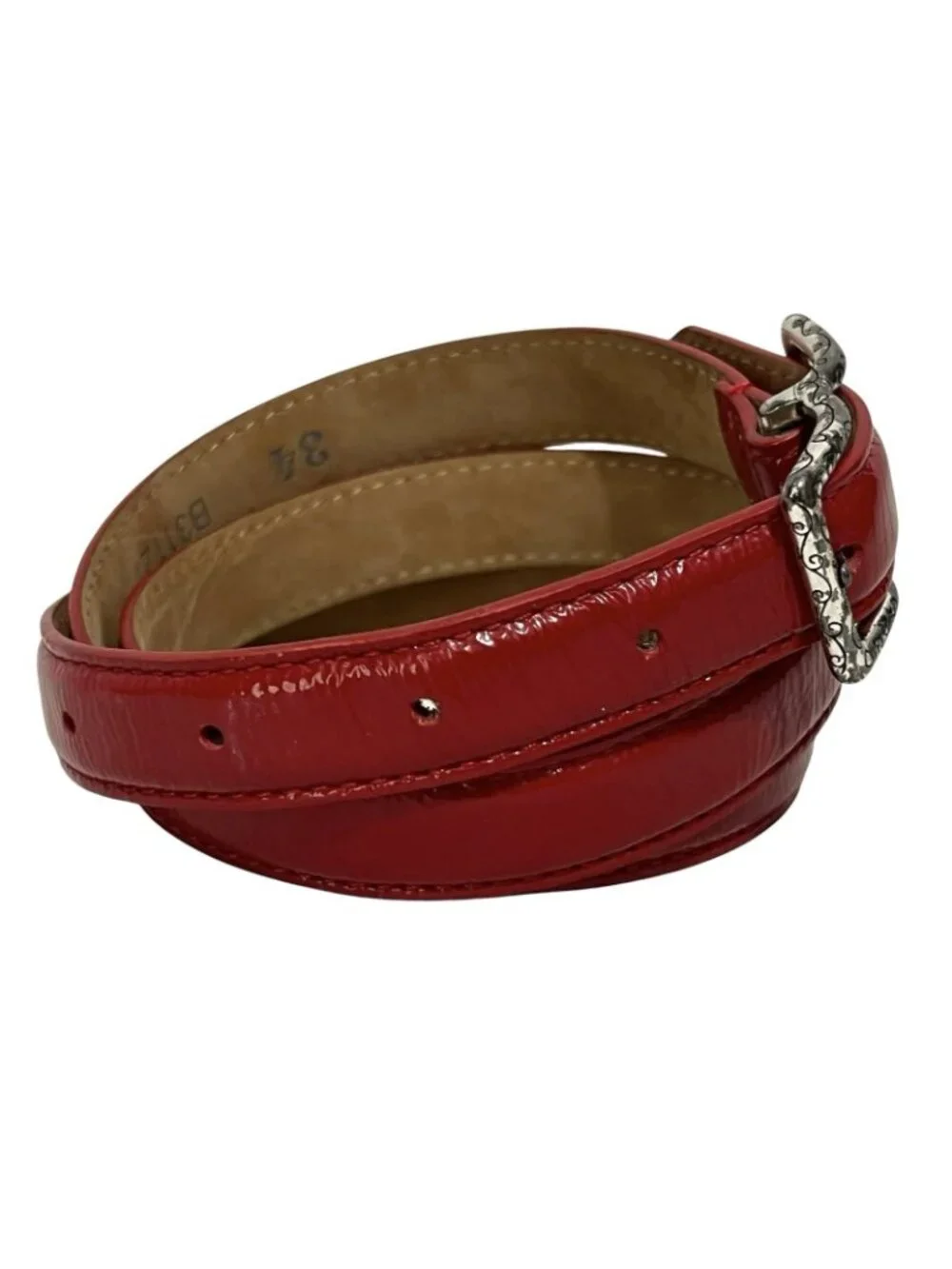 Brighton B31127 Red Patent Leather Belt Sz 34 Scroll Buckle USA Women’s 3/4”